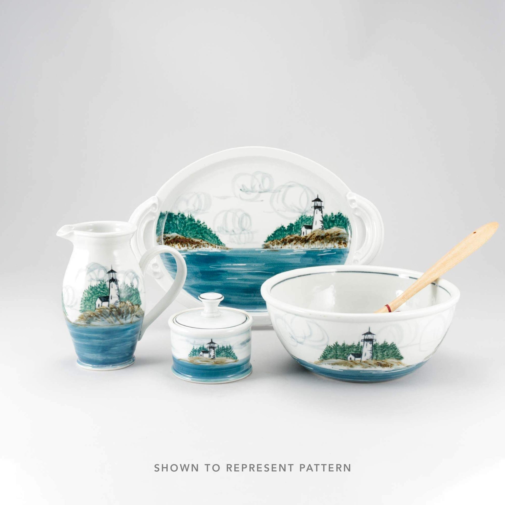 Handmade Pottery Small Chip & Dip in Lighthouse pattern made by Olyssia Designs LLC  in US