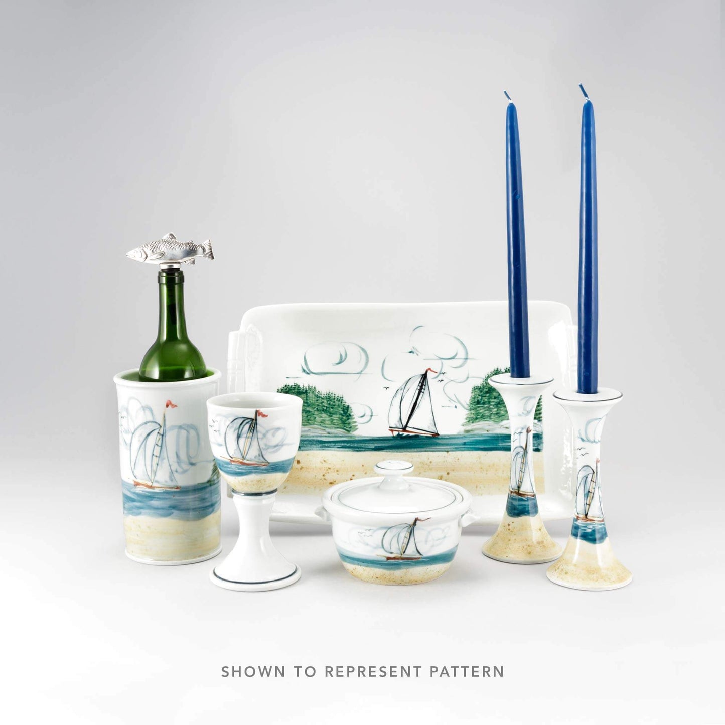 Handmade Pottery Utensil Holder in Sailboat pattern made by Olyssia Designs LLC in US