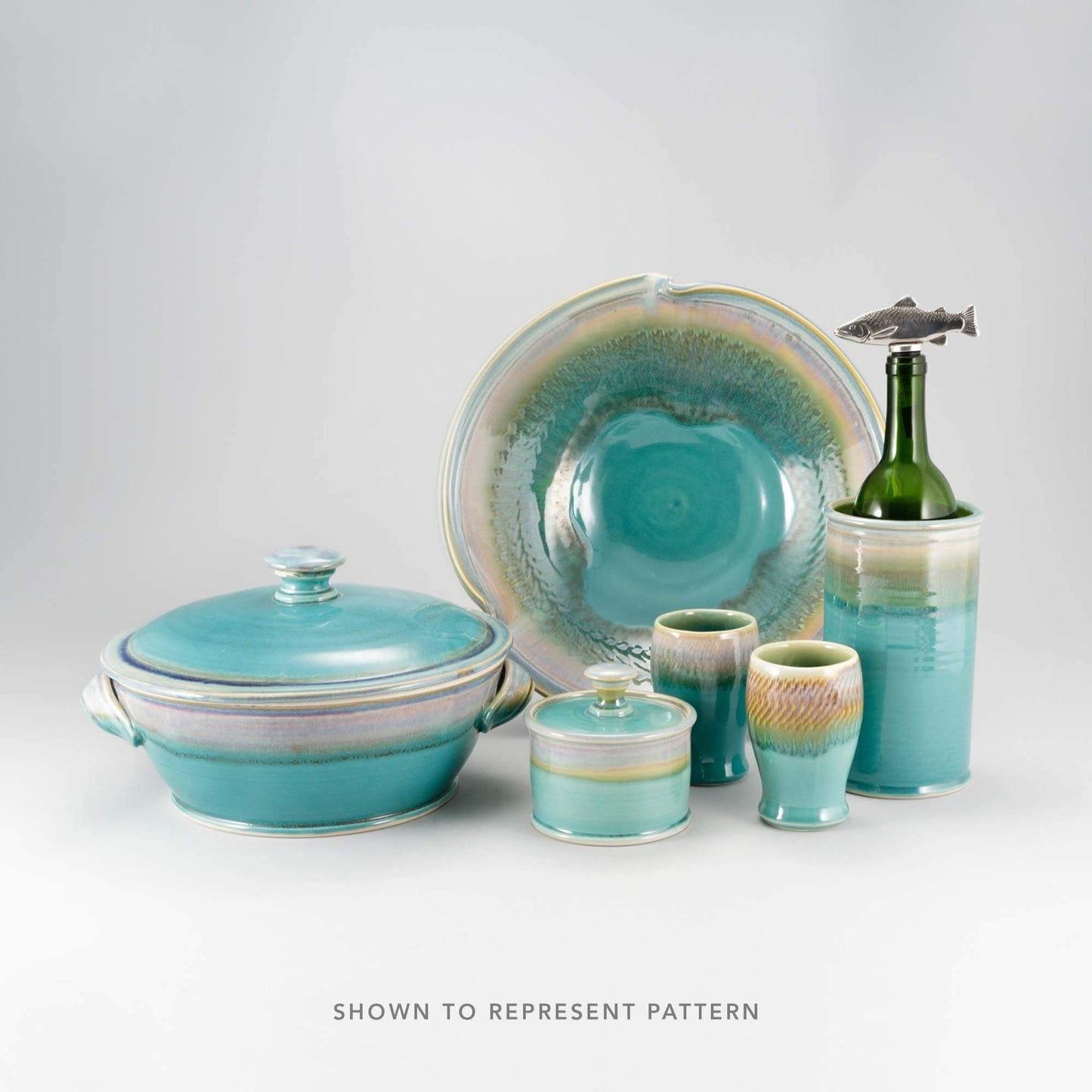 Handmade Pottery French Butter Keeper in Green Oribe pattern made by Olyssia Designs LLC in US