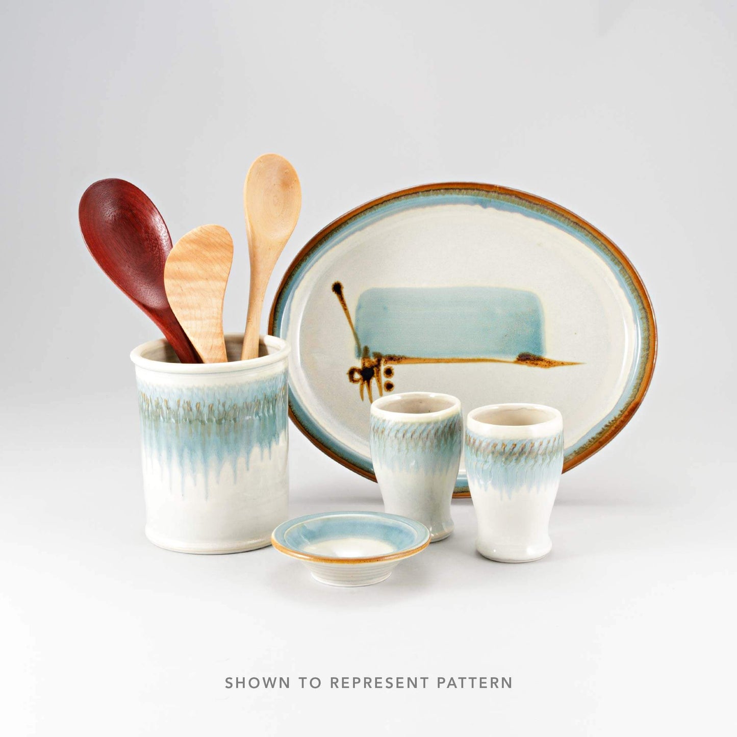 Handmade Pottery Utensil Holder in Ivory & Blue pattern made by Olyssia Designs LLC in US