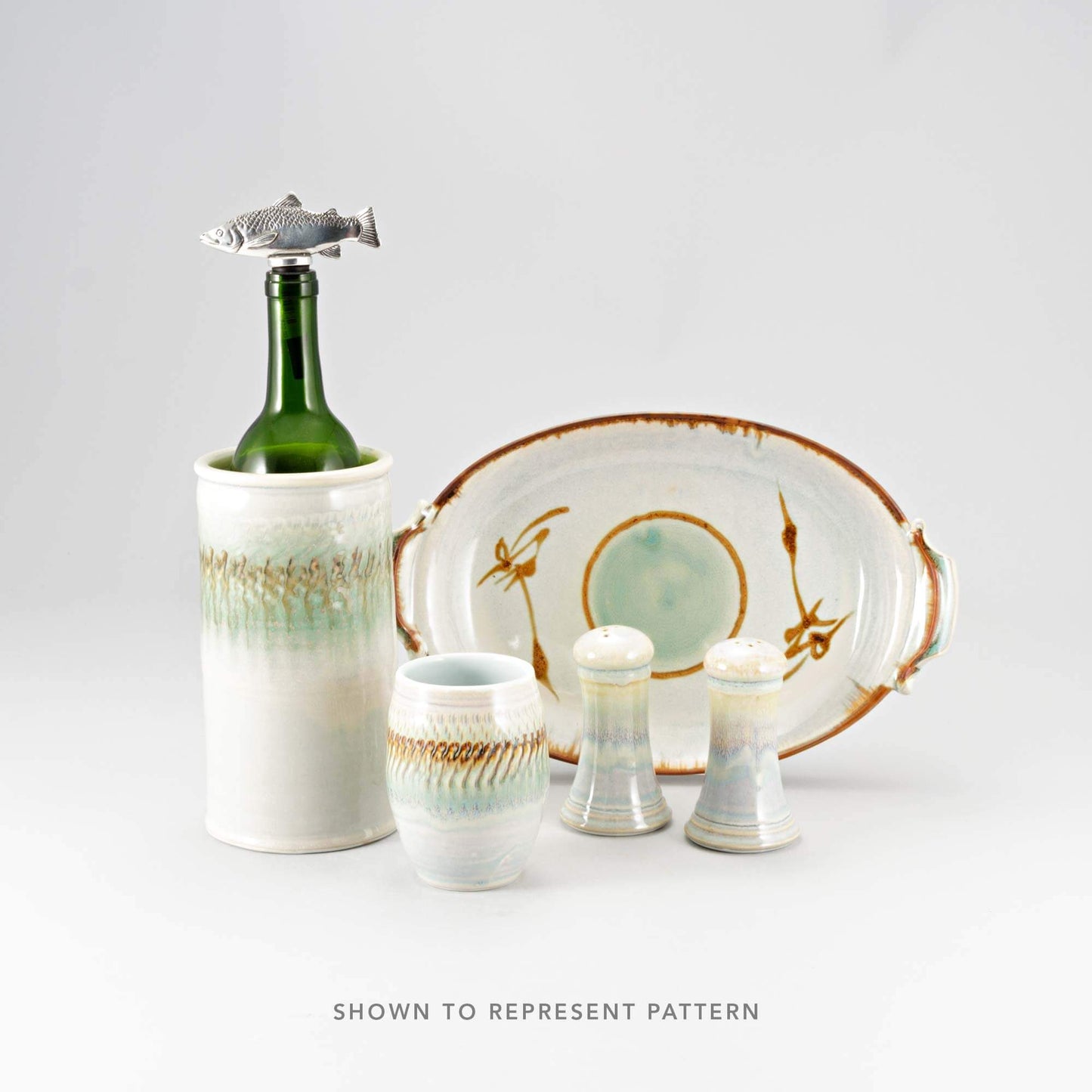 Handmade Pottery Small Chip & Dip in Ivory & Green pattern made by Olyssia Designs LLC in US