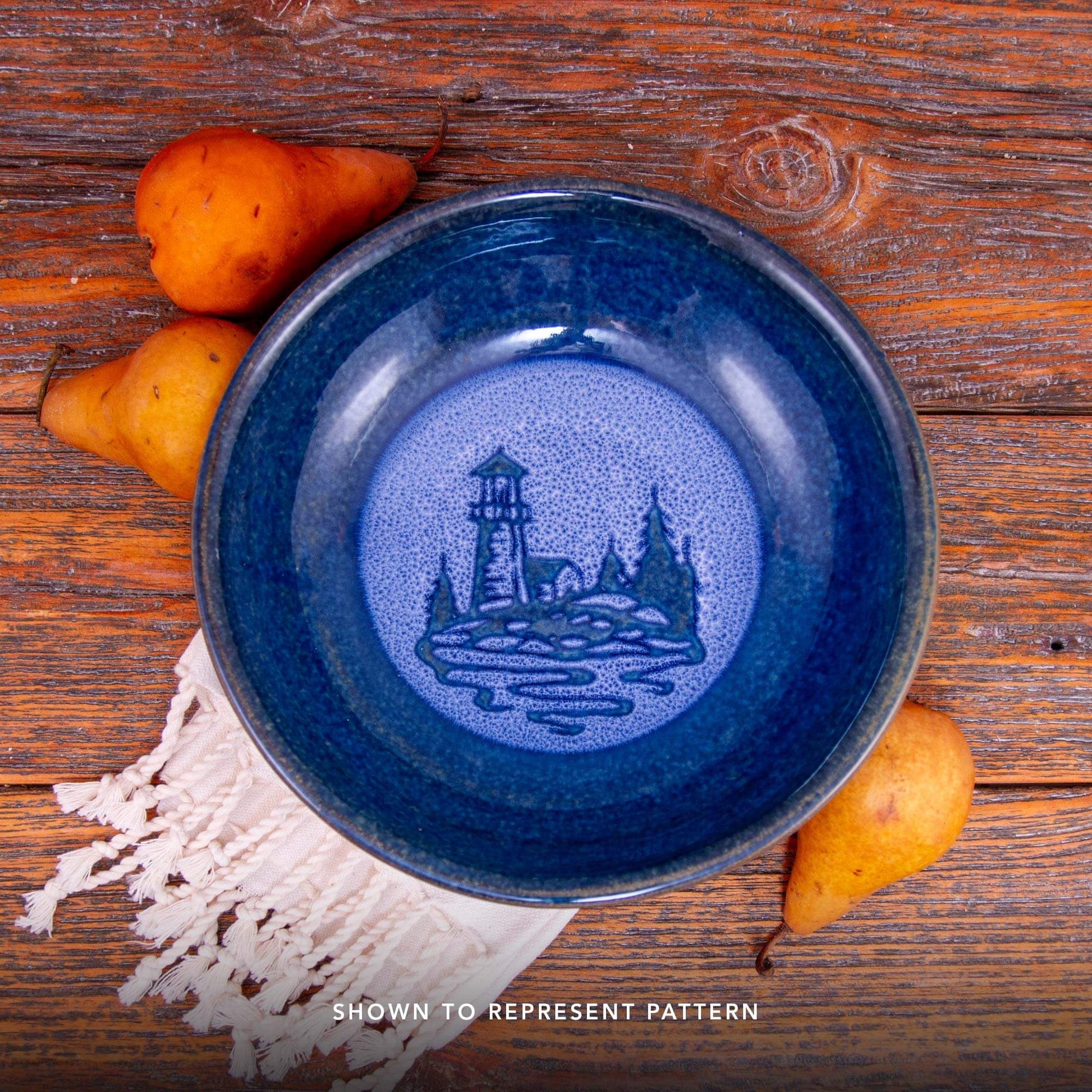 Handmade Pottery Harvest Bowl in Blue Lighthouse pattern made by Olyssia Designs LLC  in US