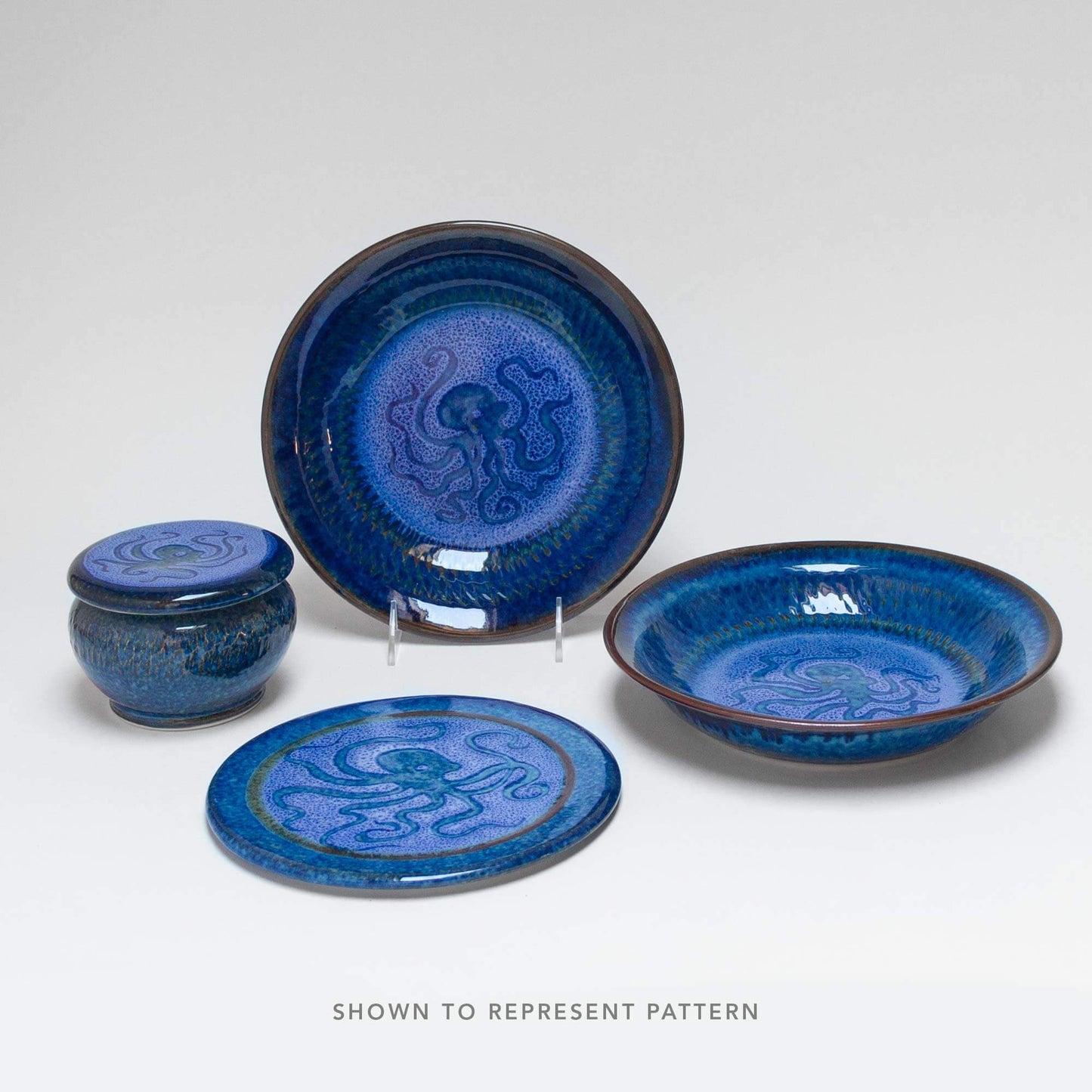 Handmade Pottery Small Chip & Dip in Blue Octopus pattern made by Olyssia Designs LLC in US