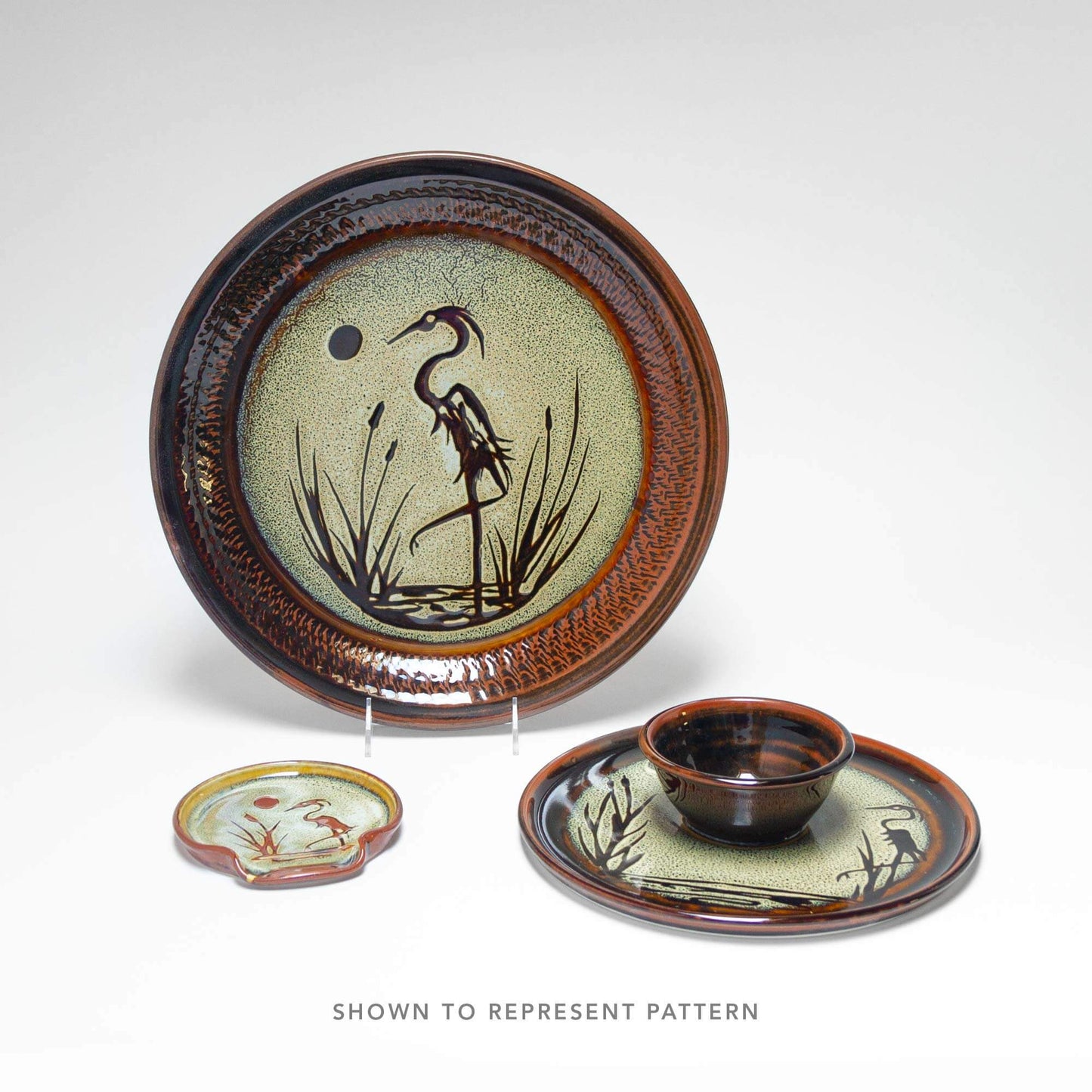 Handmade Pottery Small Chip & Dip in Hamada Heron pattern made by Olyssia Designs LLC in US