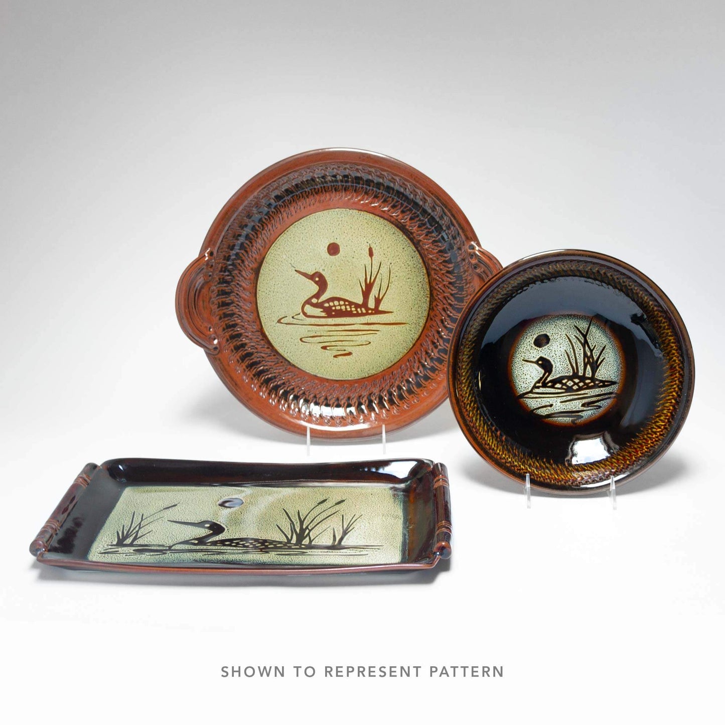 Handmade Pottery Small Chip & Dip in Hamada Loon pattern made by Olyssia Designs LLC in US