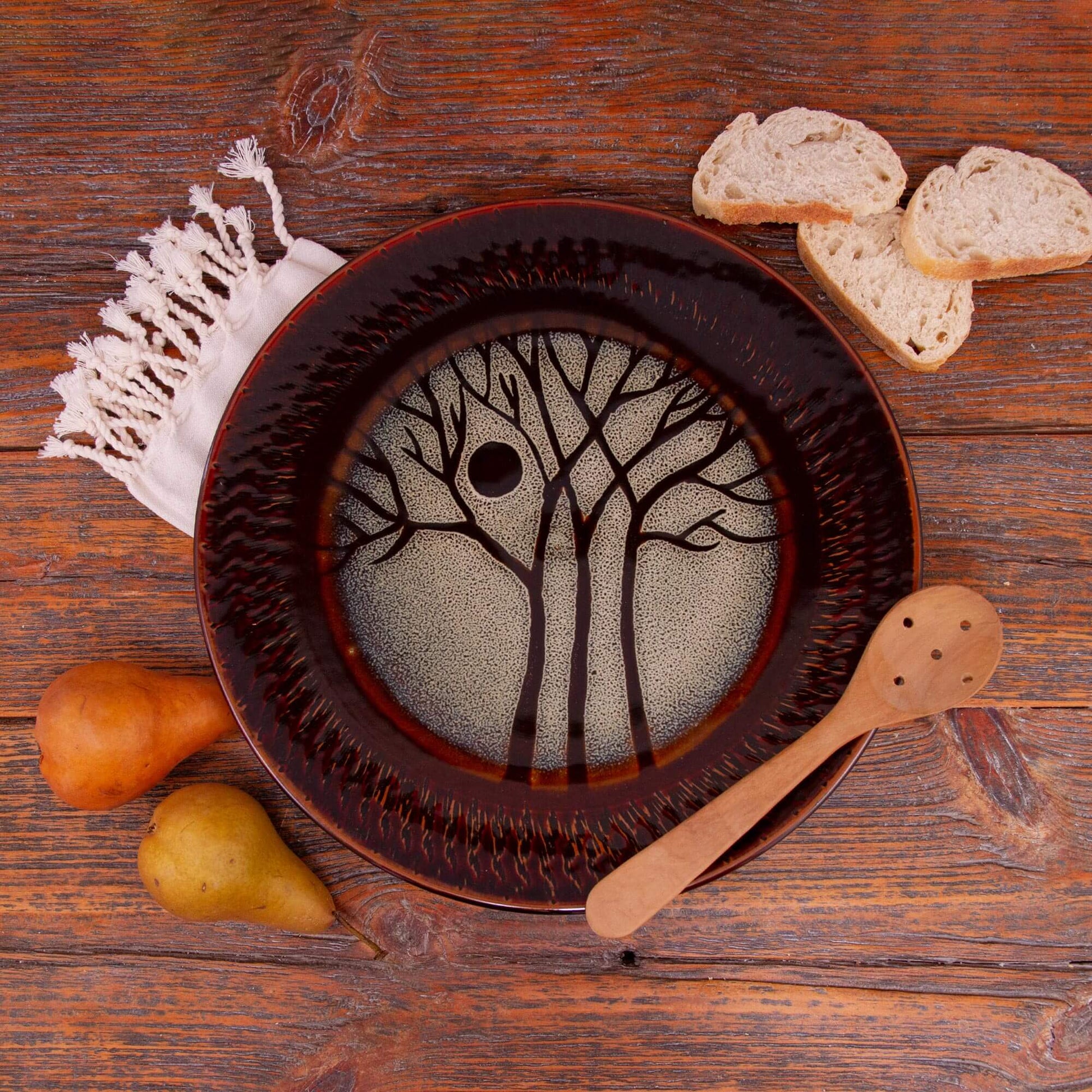 Handmade Pottery 15" Rimless Platter in Hamada Tree pattern made by Olyssia Designs LLC  in US