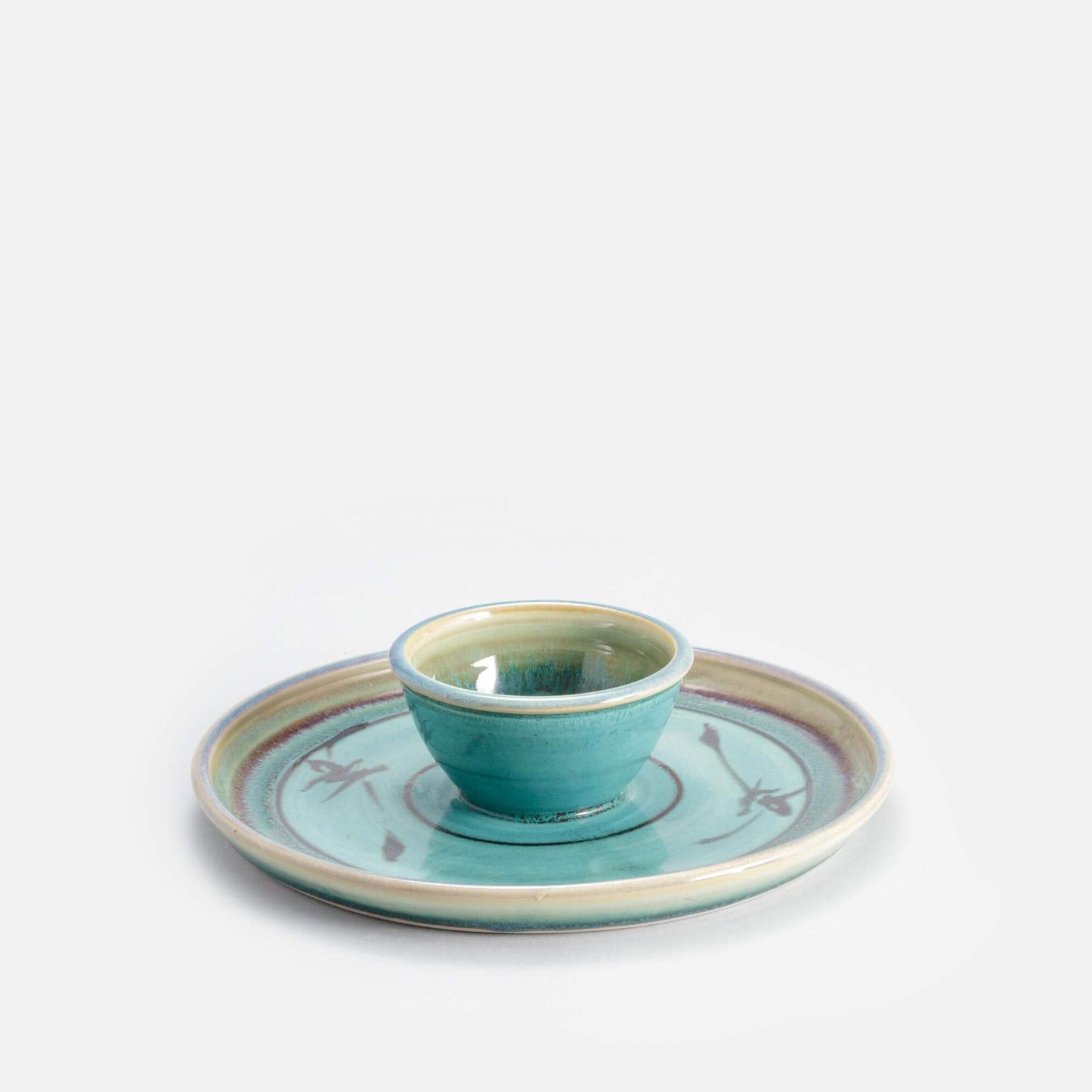 Handmade Pottery Small Chip & Dip in Green Oribe pattern made by Olyssia Designs LLC in US