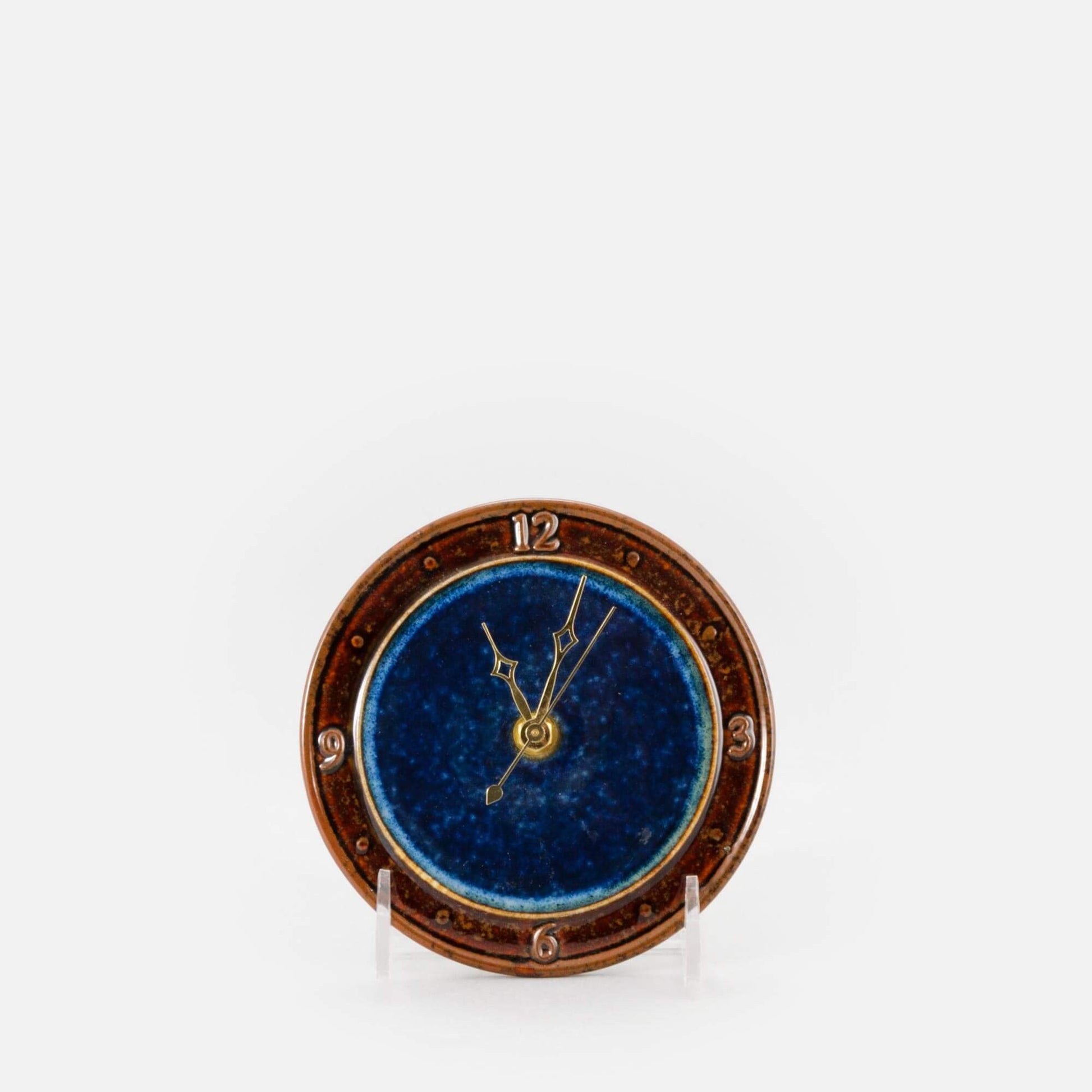 Handmade Pottery Small Clock w/ Stand in Blue Hamada pattern made by Olyssia Designs LLC  in US