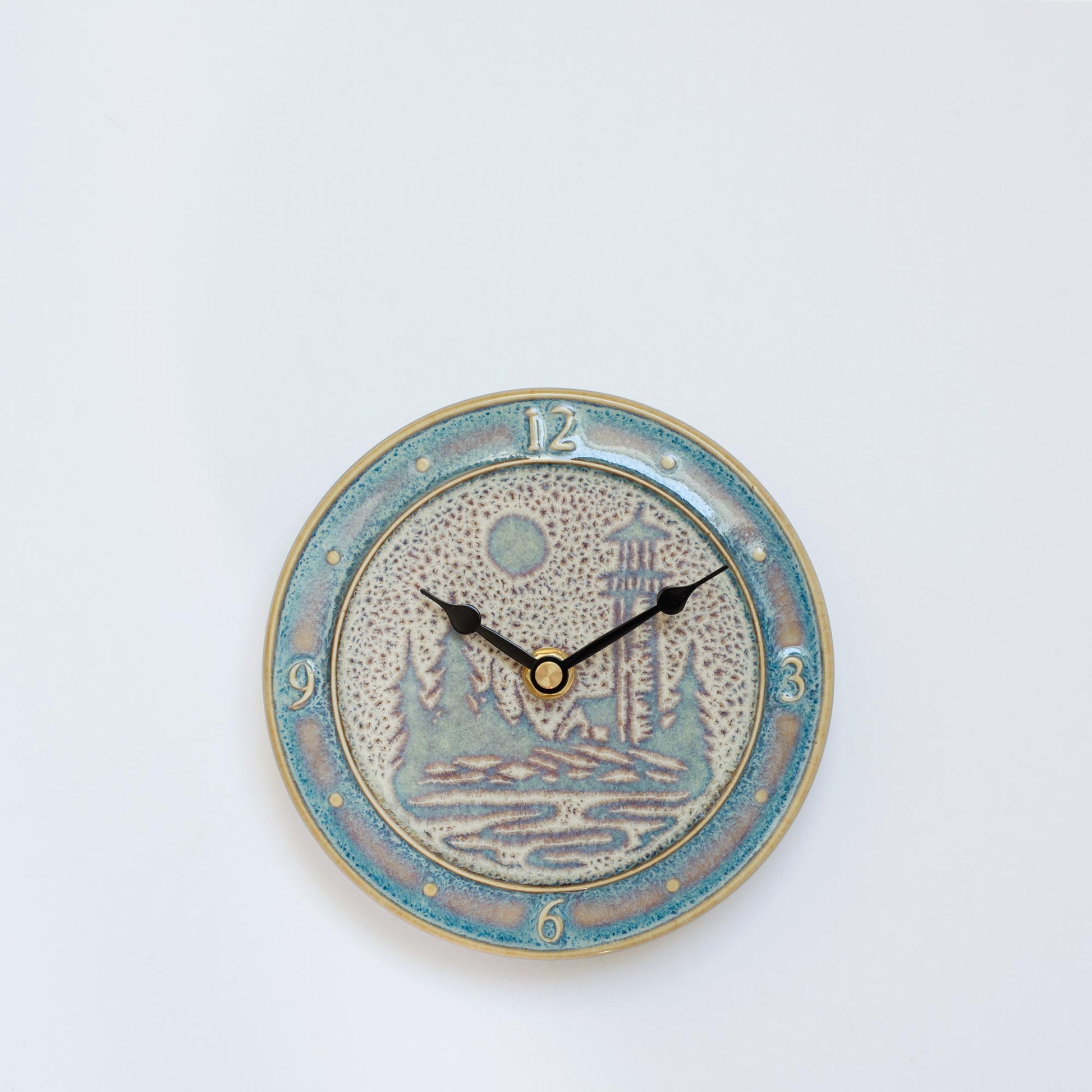 Handmade Pottery Small Clock w/ Stand in Purple Lighthouse pattern made by Olyssia Designs LLC  in US