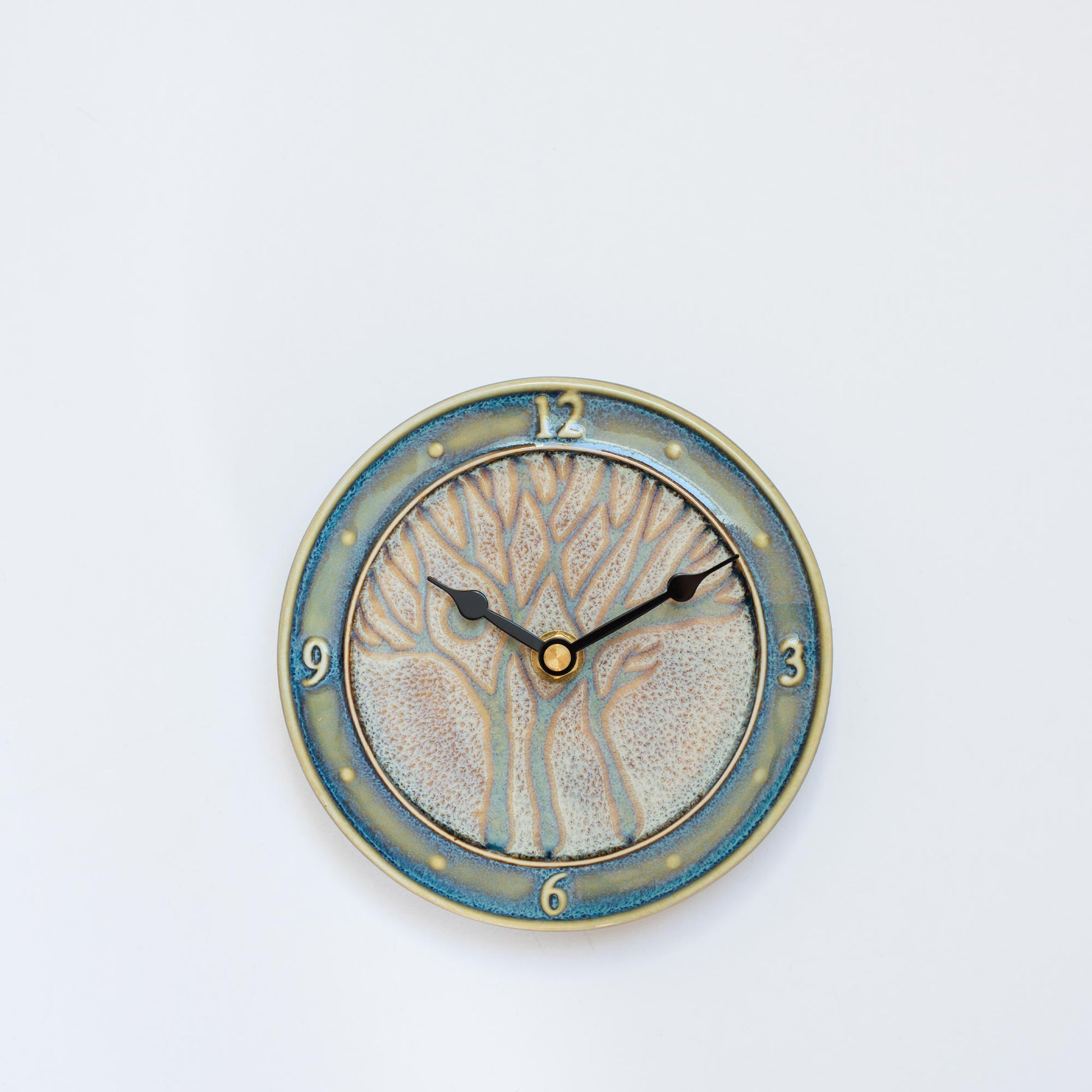 Handmade Pottery Small Clock w/ Stand in Purple Tree pattern made by Olyssia Designs LLC  in US