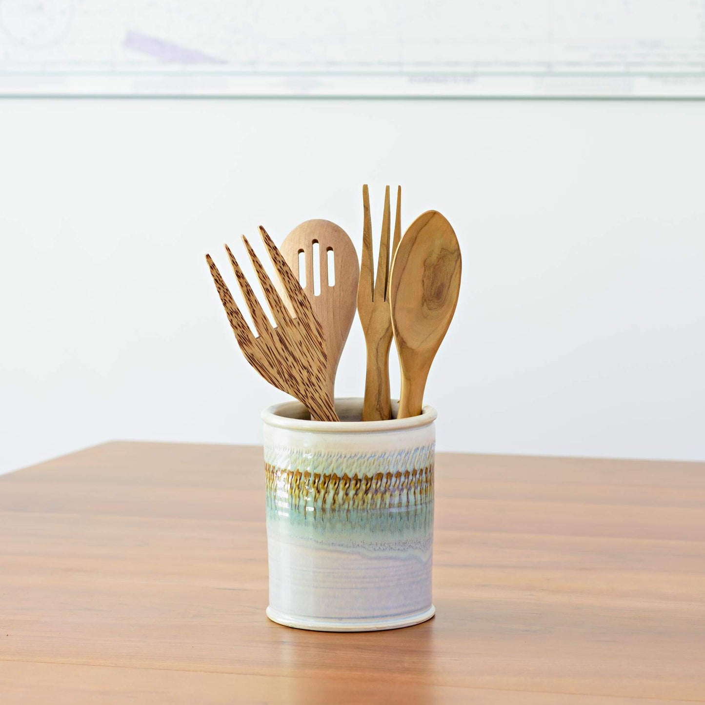 Handmade Pottery Utensil Holder in Ivory & Green Oribe pattern made by Olyssia Designs LLC in US