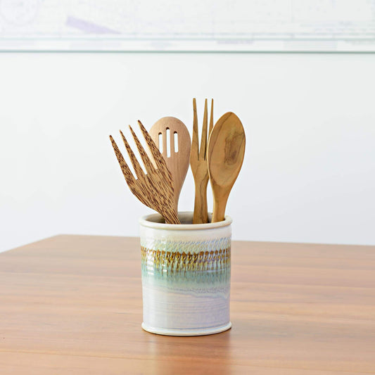  Handmade Pottery Utensil Holder in Ivory & Green Oribe pattern made by Olyssia Designs LLC  in US