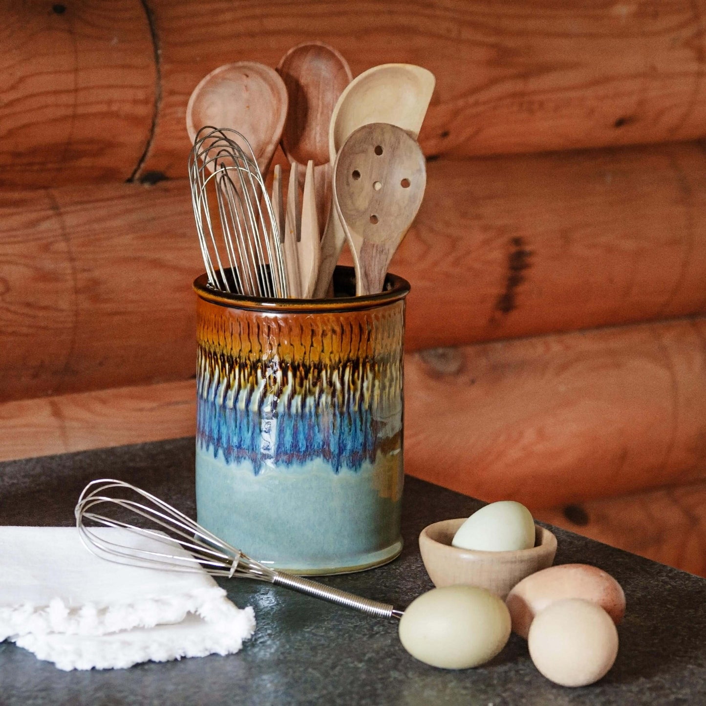 Handmade Pottery Utensil Holder in Purple Hamada pattern made by Olyssia Designs LLC in US