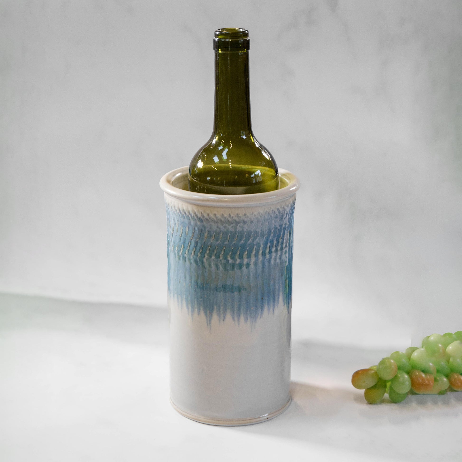 Handmade Pottery Wine Chiller in Ivory & Blue pattern made by Olyssia Designs LLC  in US