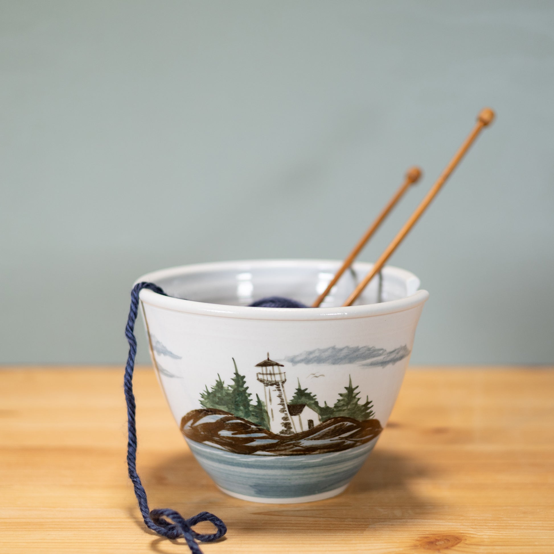 Handmade Pottery Yarn Bowl in Lighthouse pattern made by Olyssia Designs LLC  in US