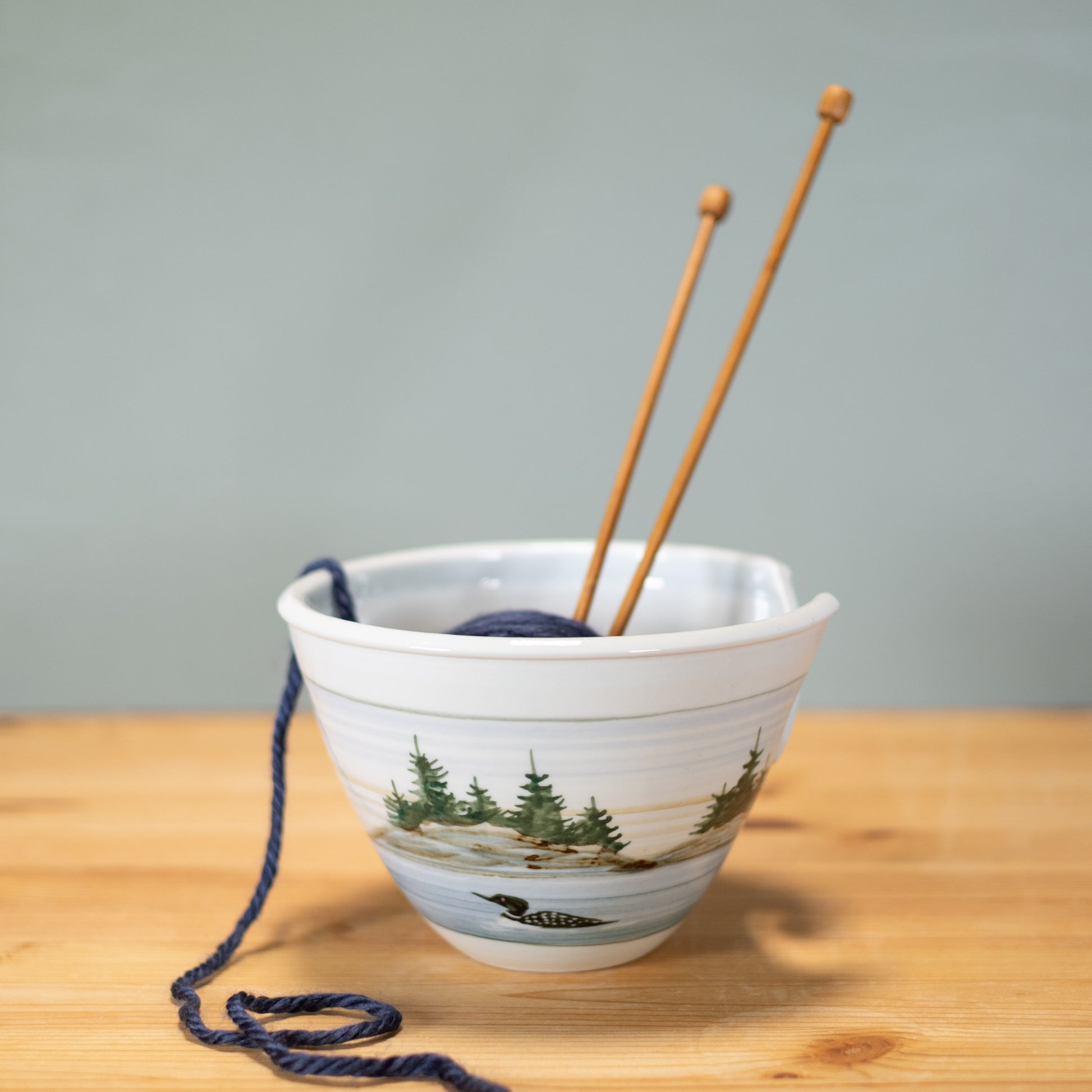 Handmade Pottery Yarn Bowl in Loon pattern made by Olyssia Designs LLC  in US
