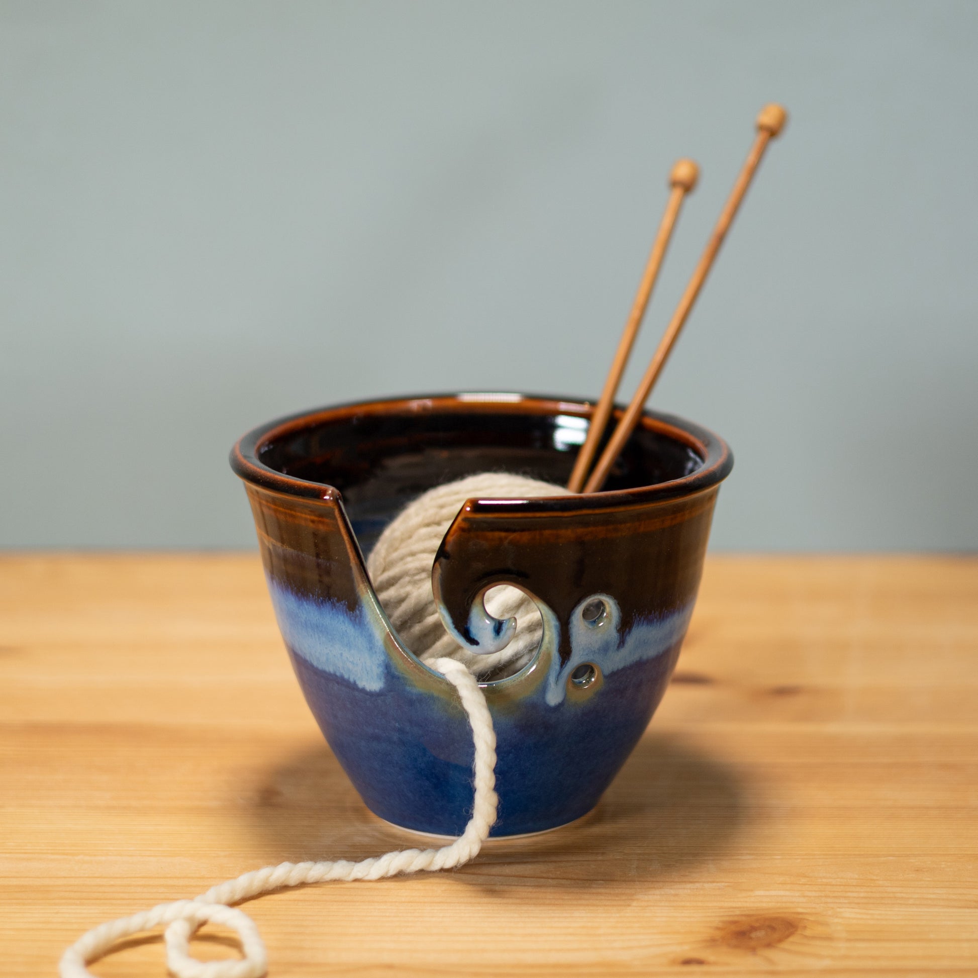 Handmade Pottery Yarn Bowl in Blue Hamada pattern made by Olyssia Designs LLC  in US