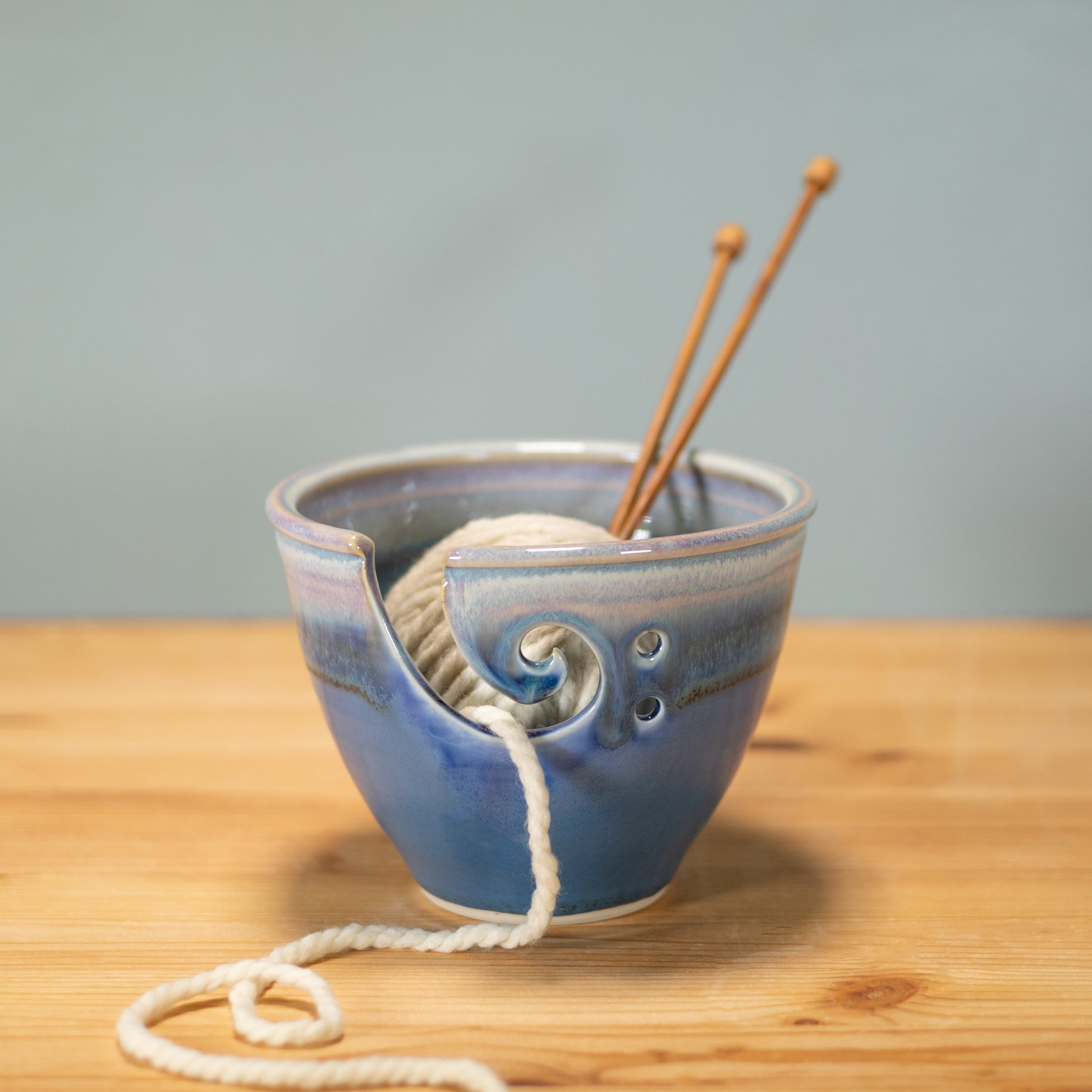 Handmade Pottery Yarn Bowl in Blue Oribe pattern made by Olyssia Designs LLC  in US