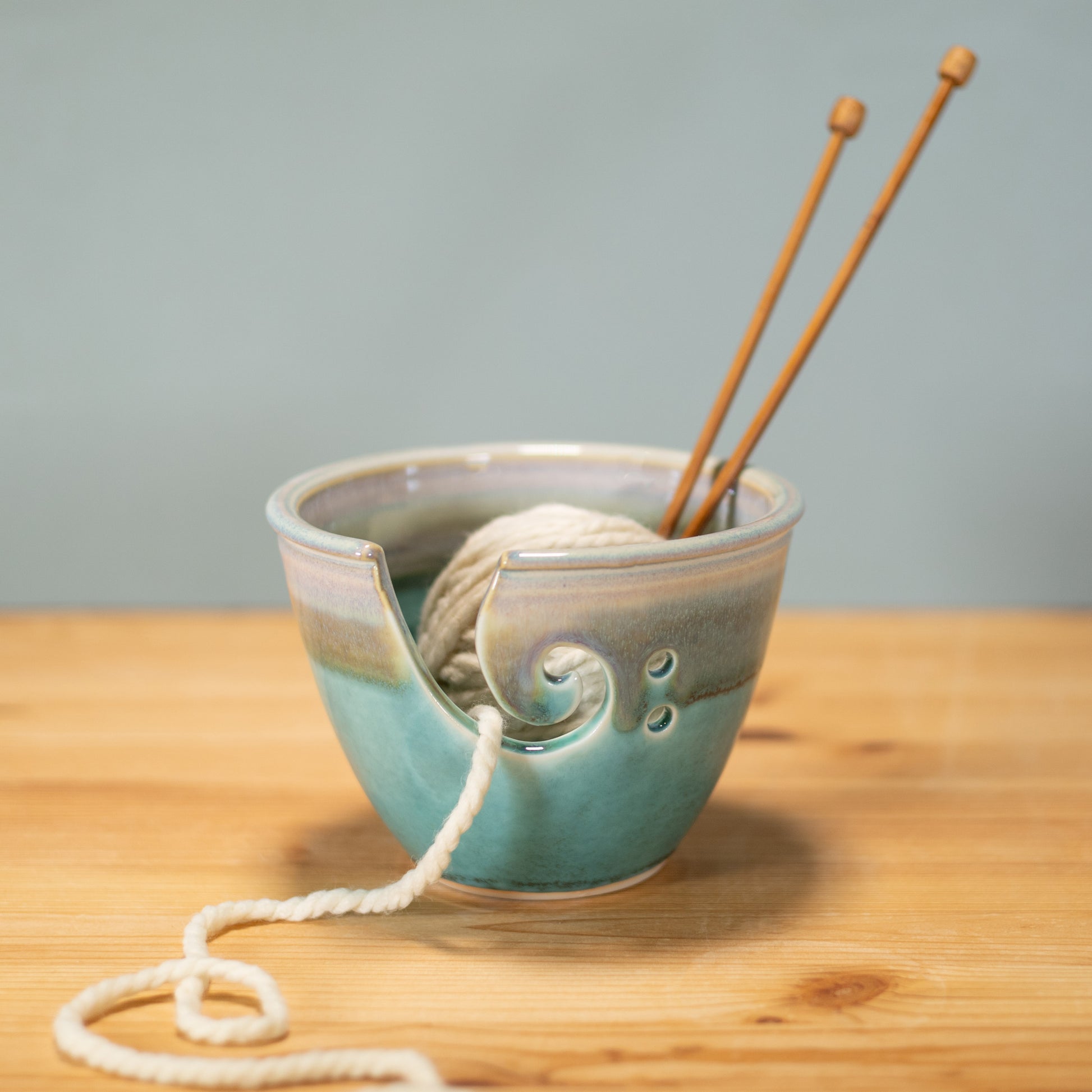 Handmade Pottery Yarn Bowl in Green Oribe pattern made by Olyssia Designs LLC  in US