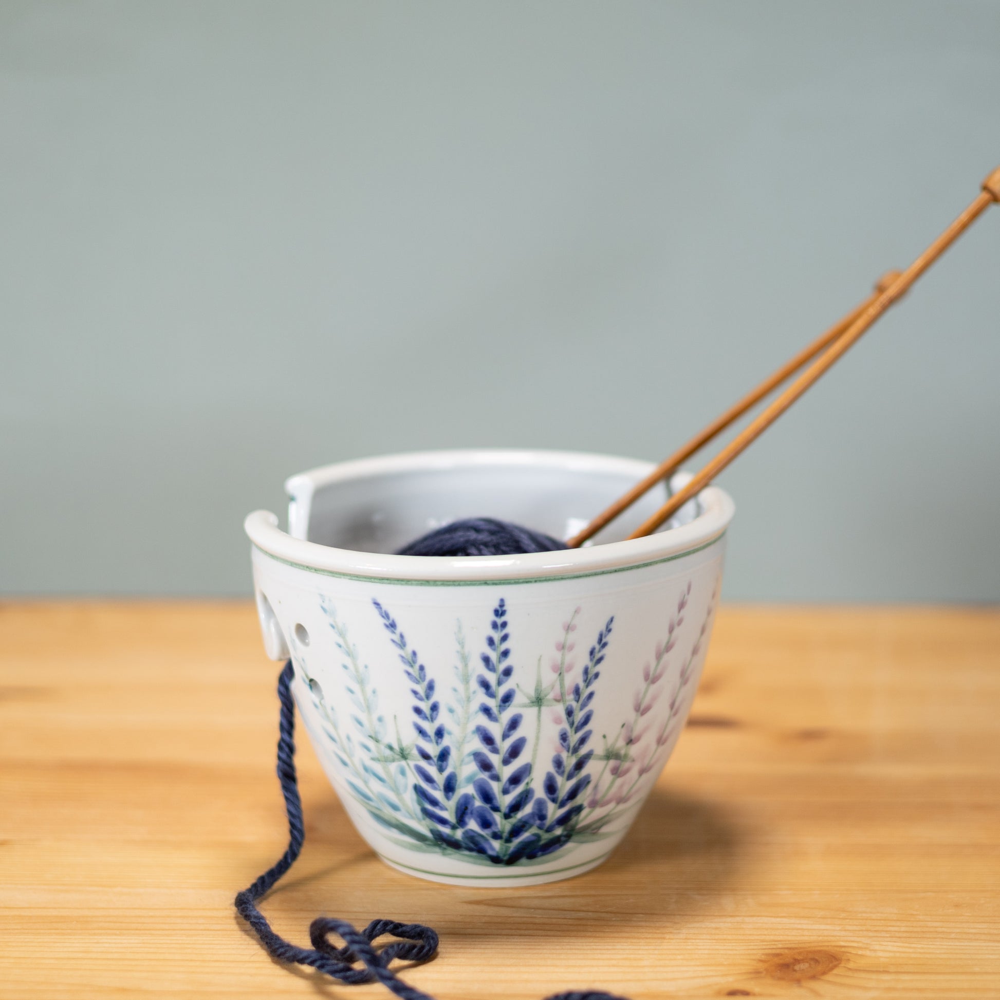 Handmade Pottery Yarn Bowl in Lupine pattern made by Olyssia Designs LLC  in US
